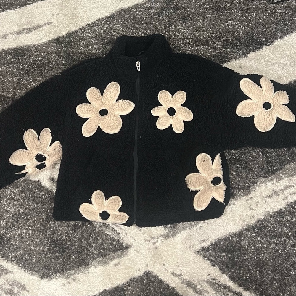 Free People Black and Cream Teddy Jacket with Floral Accents